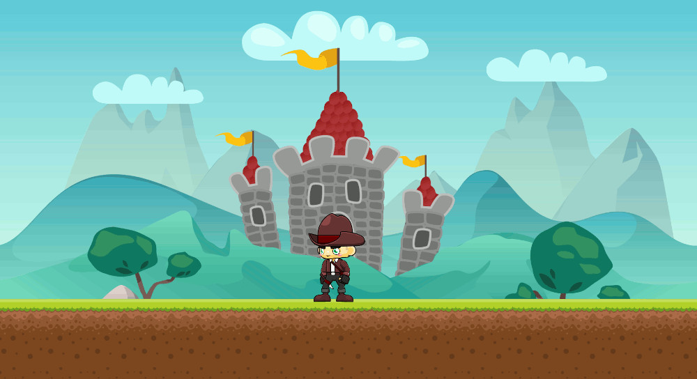 En primer plano el protagonista del videojuego, con ropa de vaquero. En segundo un castillo en medio de montañas