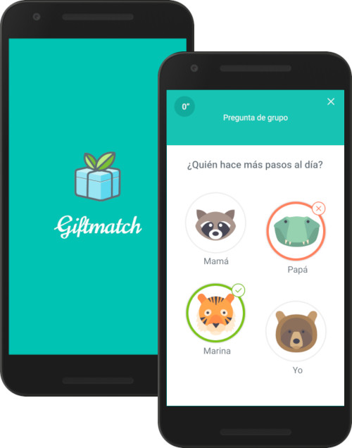 Screenshot de GiftMatch en el móvil. Fondo verde, una ilustración de un paquete de regalo y el nombre de la app.