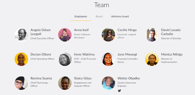 Captura de pantalla de la web de Ushahidi mostrando el equipo