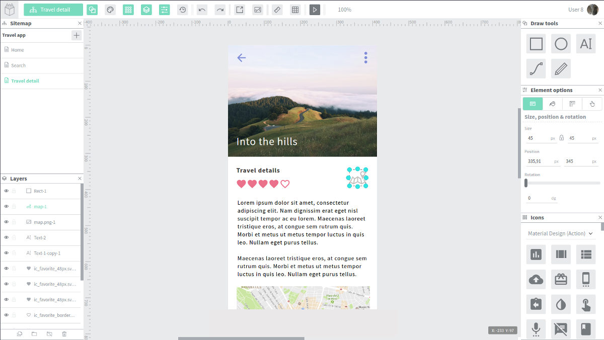 Screenshot de UxBox donde se ven distintas opciones del menú y lo que parece una sección de una web, con una foto y texto, en el centro. 
