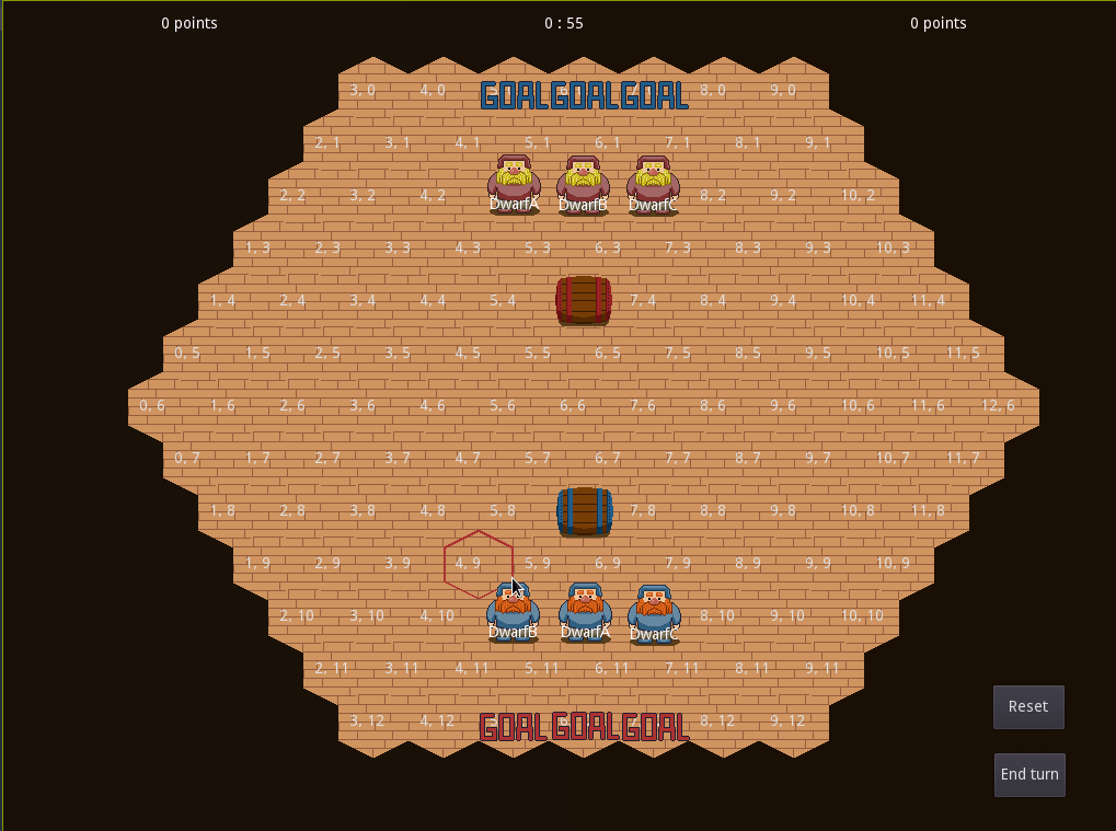 Gif animado que muestra una screenshot de Dwarvern Tavern. Es un hexagono en el que se ven enanos a los dos lados y toneles en distintos puntos. Los enanos van avanzando por el tablero.