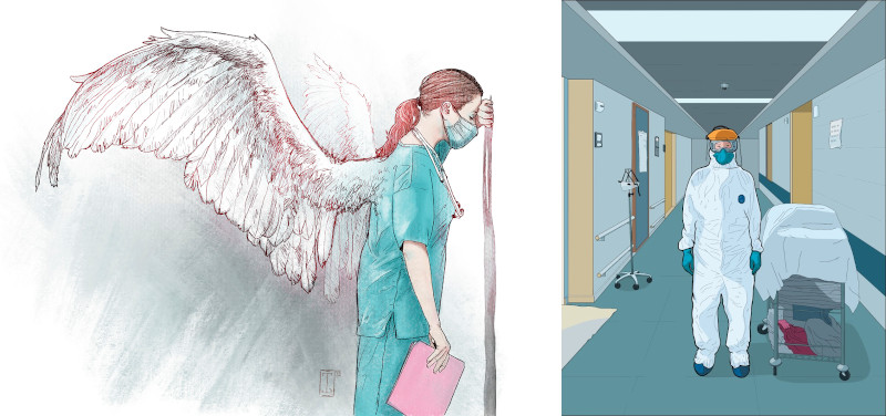 Composición de dos ilustraciones. A la izquierda una sanitaria apoyada en la pared, con gesto de cansancio, y con alas como de ángel de la guarda. A la derecha foto de una sanitaria en un pasillo de hospital vestida con un equipo de protección. 