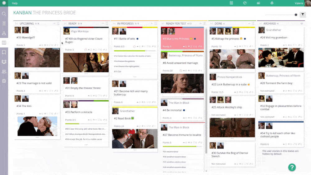 Screenshot de Taiga mostrando el modo kanban con varias columnas (upcoming, ready, in progress). La animación muestra como se van desplazando de columna