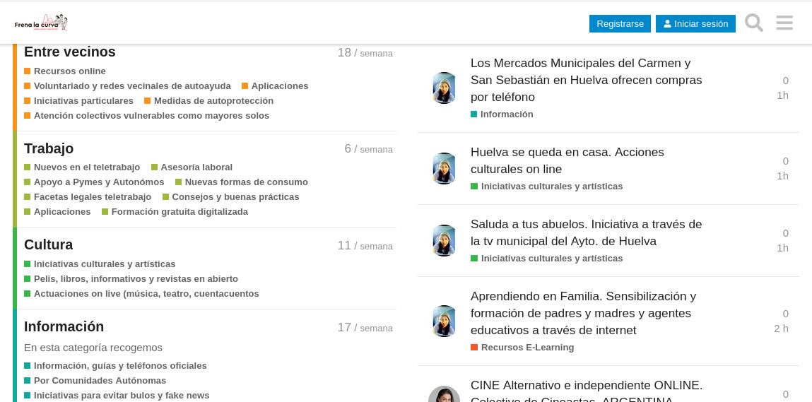 Captura de pantalla del foro de Frena La curva, donde salen varios temas: entre vecinos, trabajo, cultura, información