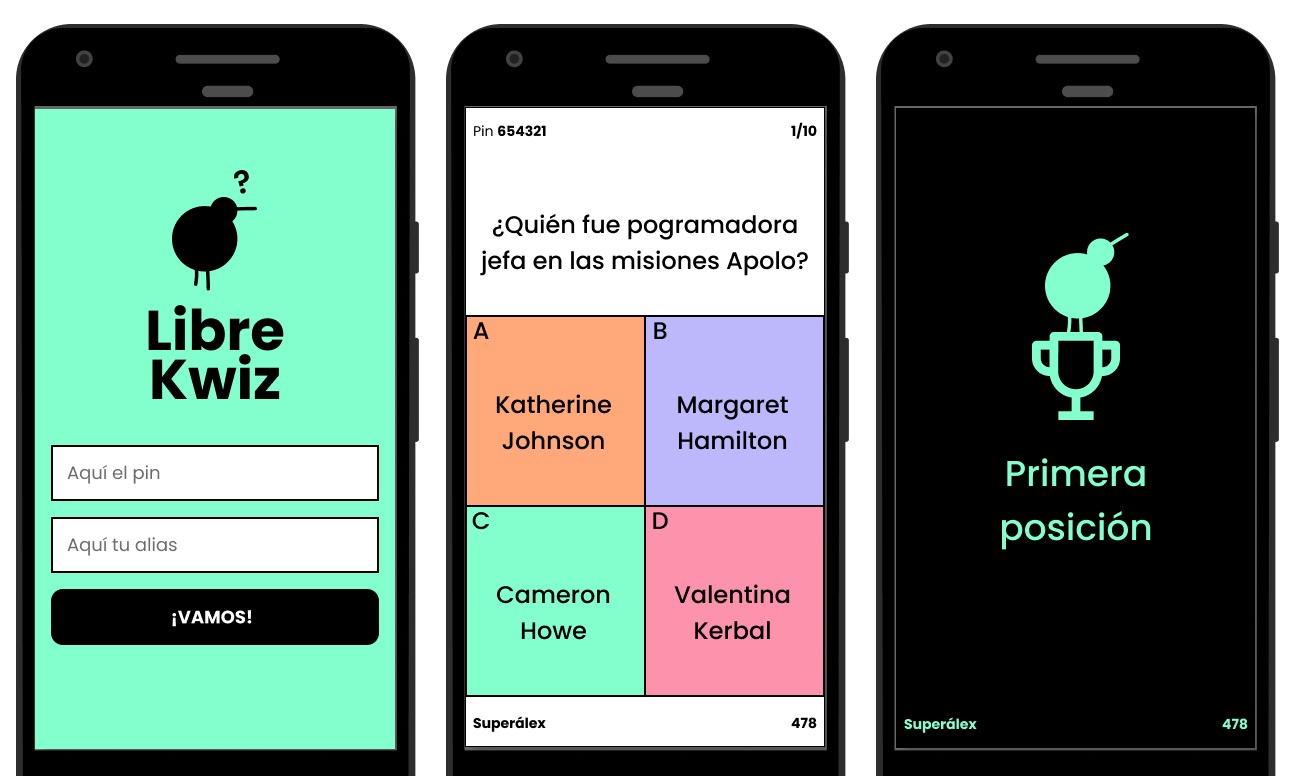 Screenshot de LibreKwiz, donde se ve el editor gráfico donde se preparan las preguntas del *quiz*. Arriba del todo está la pregunta, en este caso '¿Quién fue programadora jefa de las misiones Apolo?' y bajo hay cuatro cuadros de texto para las respuestas, en este caso 'Katherine Johnson, Margaret Hamilton, Cameron Howe y Valentina Kerbal'