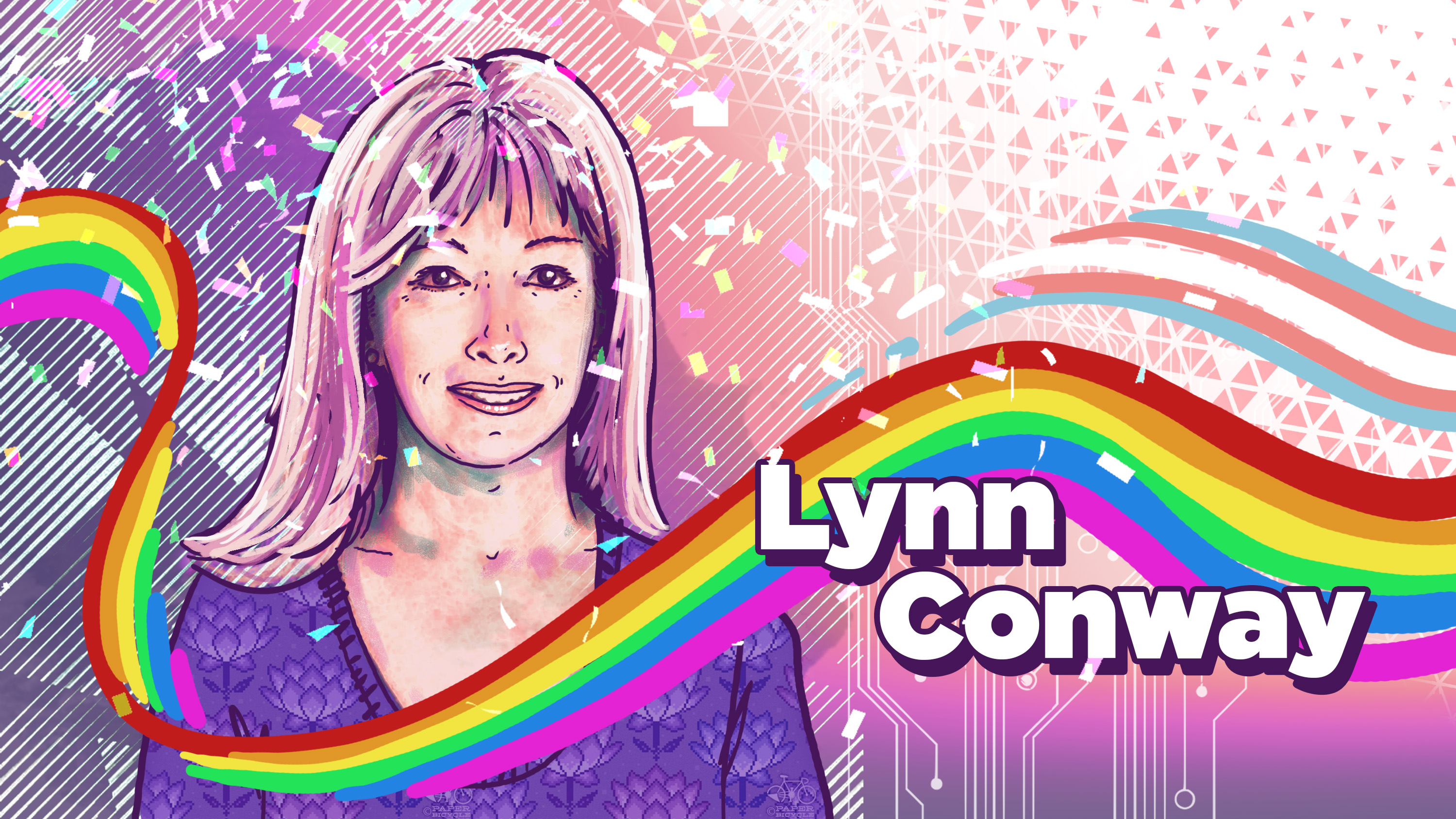 Ilustración de Lynn Conway en tonos morados con la bandera LGBT y trans ondeando en horizontal