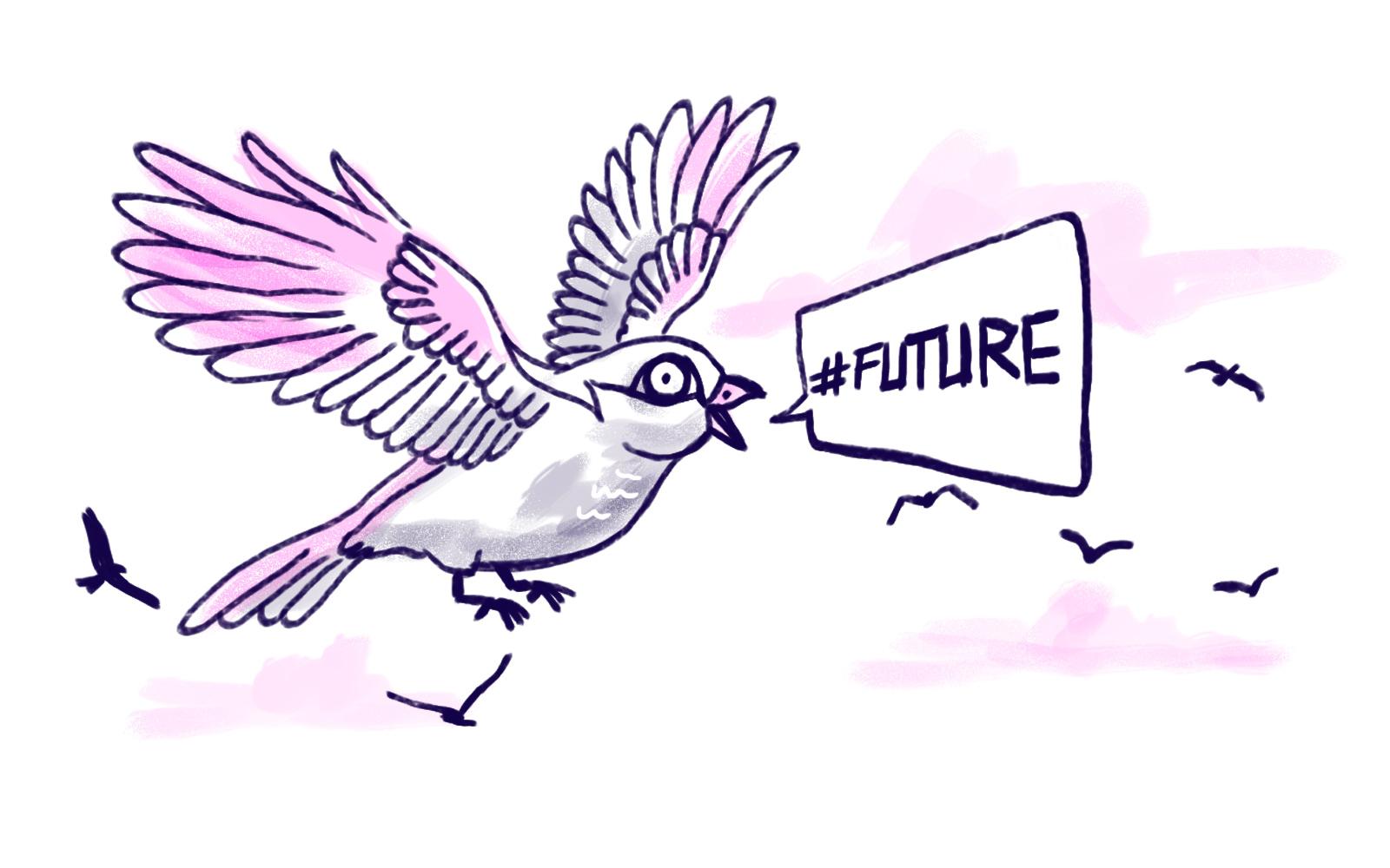 Pájaro del que sale un mensaje con el hashtag futuro