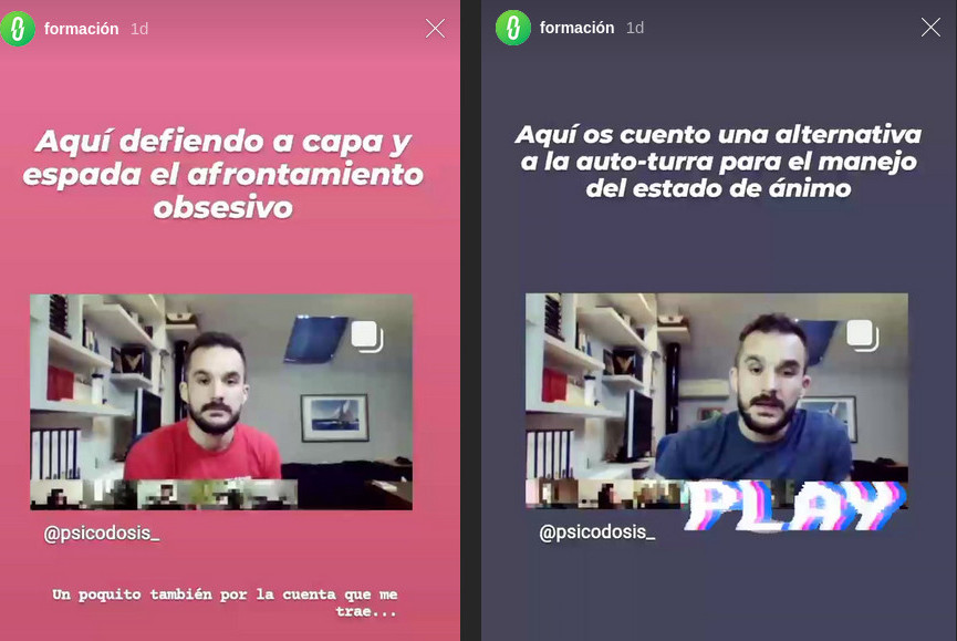 capturas de pantalla de dos posts de Instagram con las frases *aquí defiendo a capa y espada el afrontamiento obsesivo* y *aquí os cuento una alternativa a la auto-turra para el manejo del estado de ánimo* y con fotos de capturas de la teleconfernecia en la que se impartió la sesión