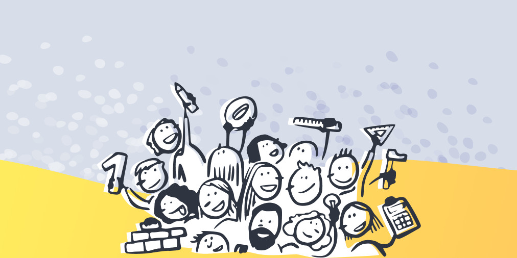 Ilustración en la que se ve distinto tipo de personas juntas y contentas