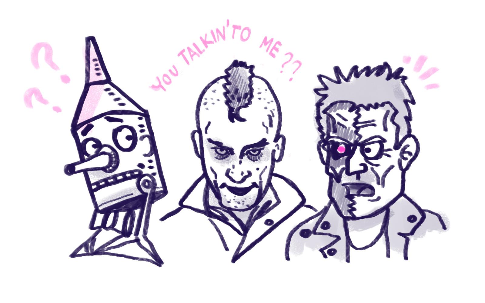 Tres personajes de las películas El Mago de Oz, Taxi Driver y Terminator