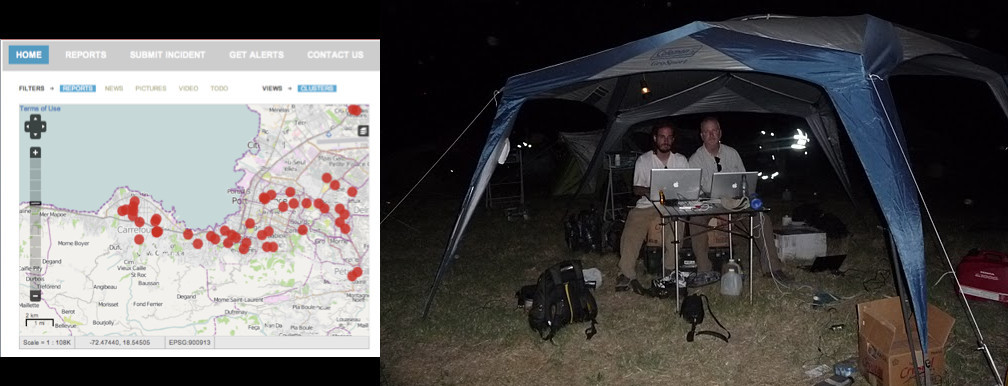 A la izquierda hay una Captura del mapa de crisis que se hizo durante el terremoto de Haiti y a la derecha una foto de la tienda de campaña con dos de los voluntarios que lanzaron el mapa.