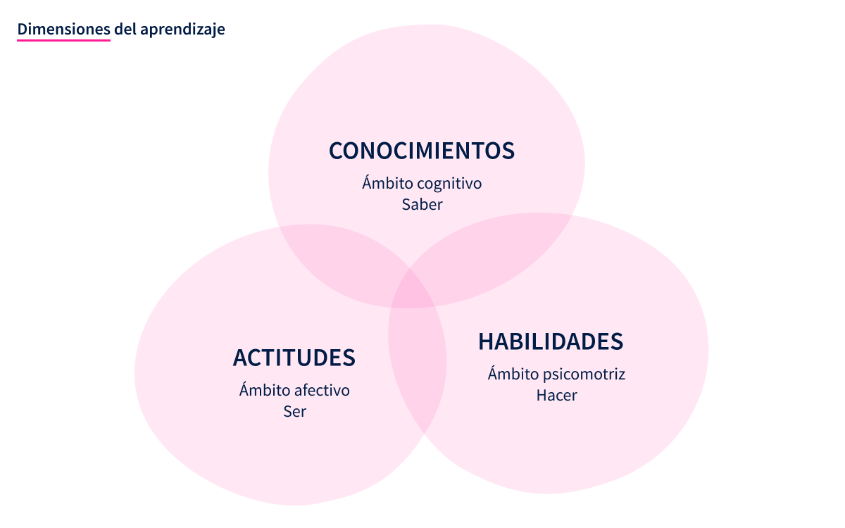 Gráfico con: Conocimientos (ámbito cognitivo) | Actitudes (ámbito afectivo) | Habilidades (ámbito psicomotriz)