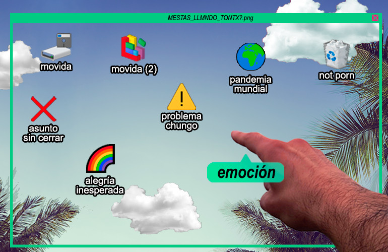 Imagen de escritorio de Windows en los que con un fondo de cielo y palmeras se ven distintos iconos como movida, movida_2, asuntosincerrar y pandemia munndial.